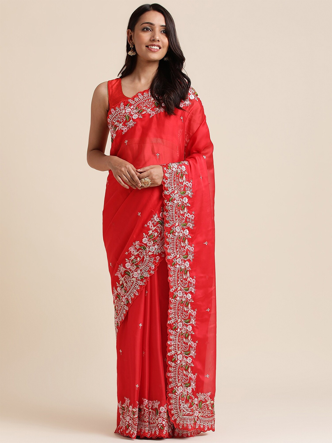 

FABMORA Floral Embroidered Organza Saree, Red