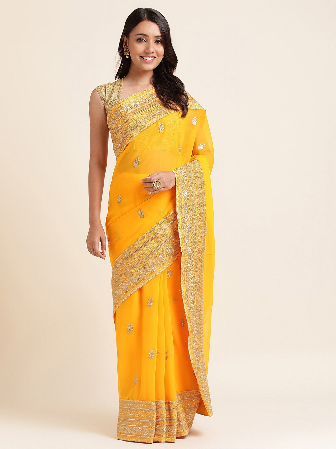 

FABMORA Ethnic Motifs Embroidered Pure Georgette Saree, Yellow