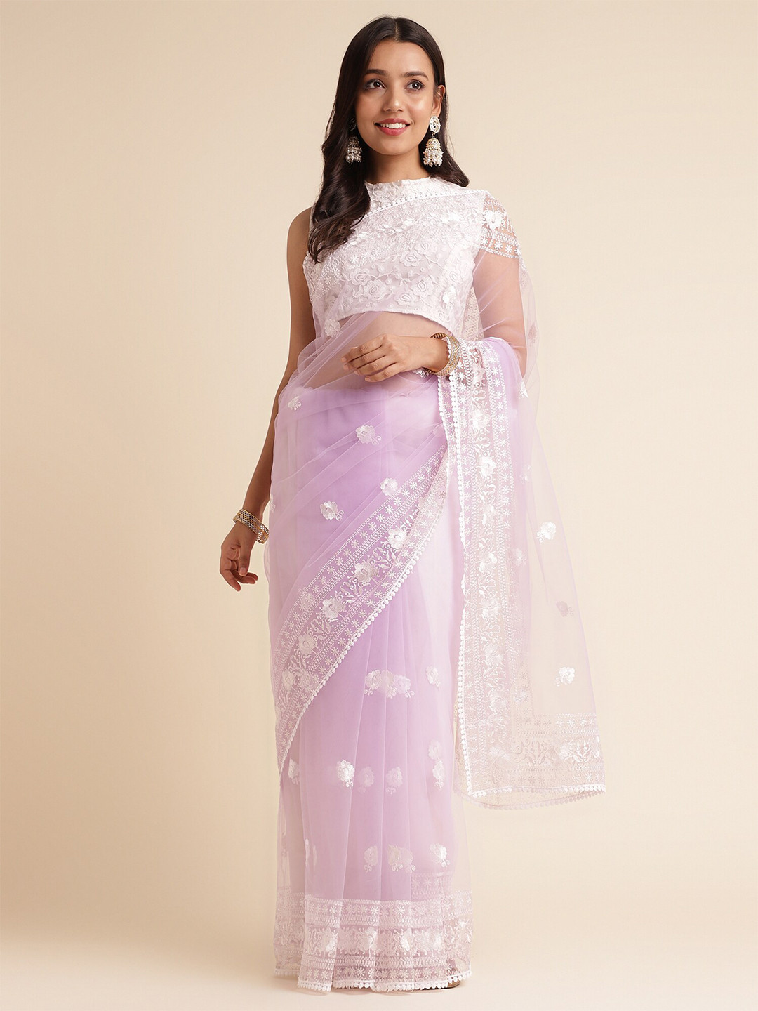 

FABMORA Floral Embroidered Net Saree, Purple