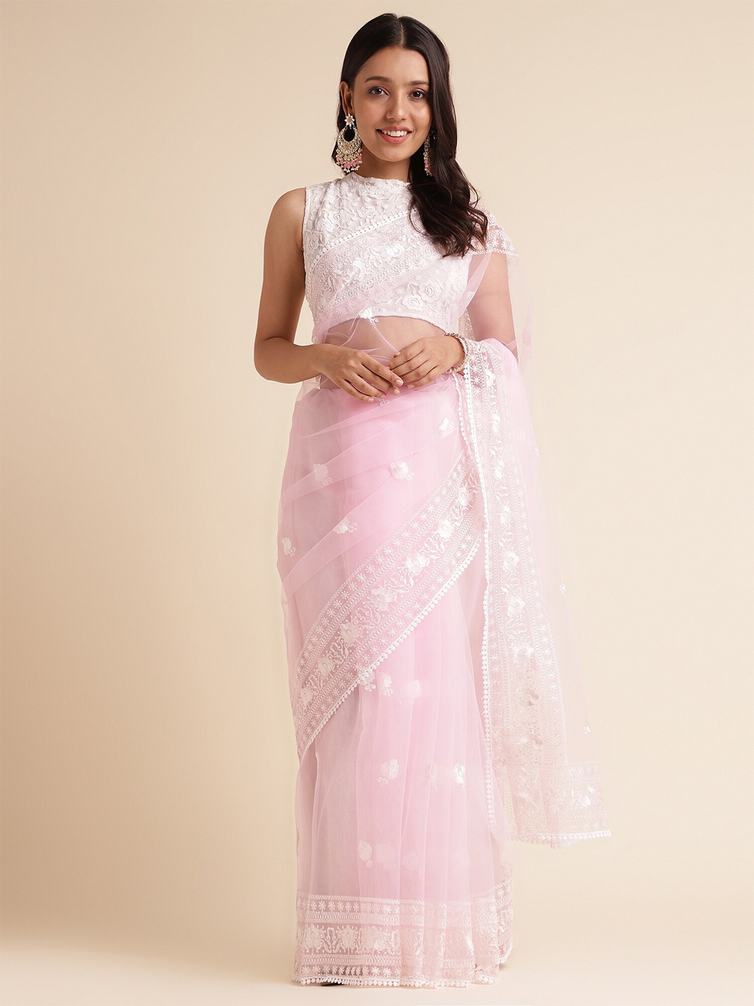 

FABMORA Ethnic Motifs Embroidered Net Saree, Pink