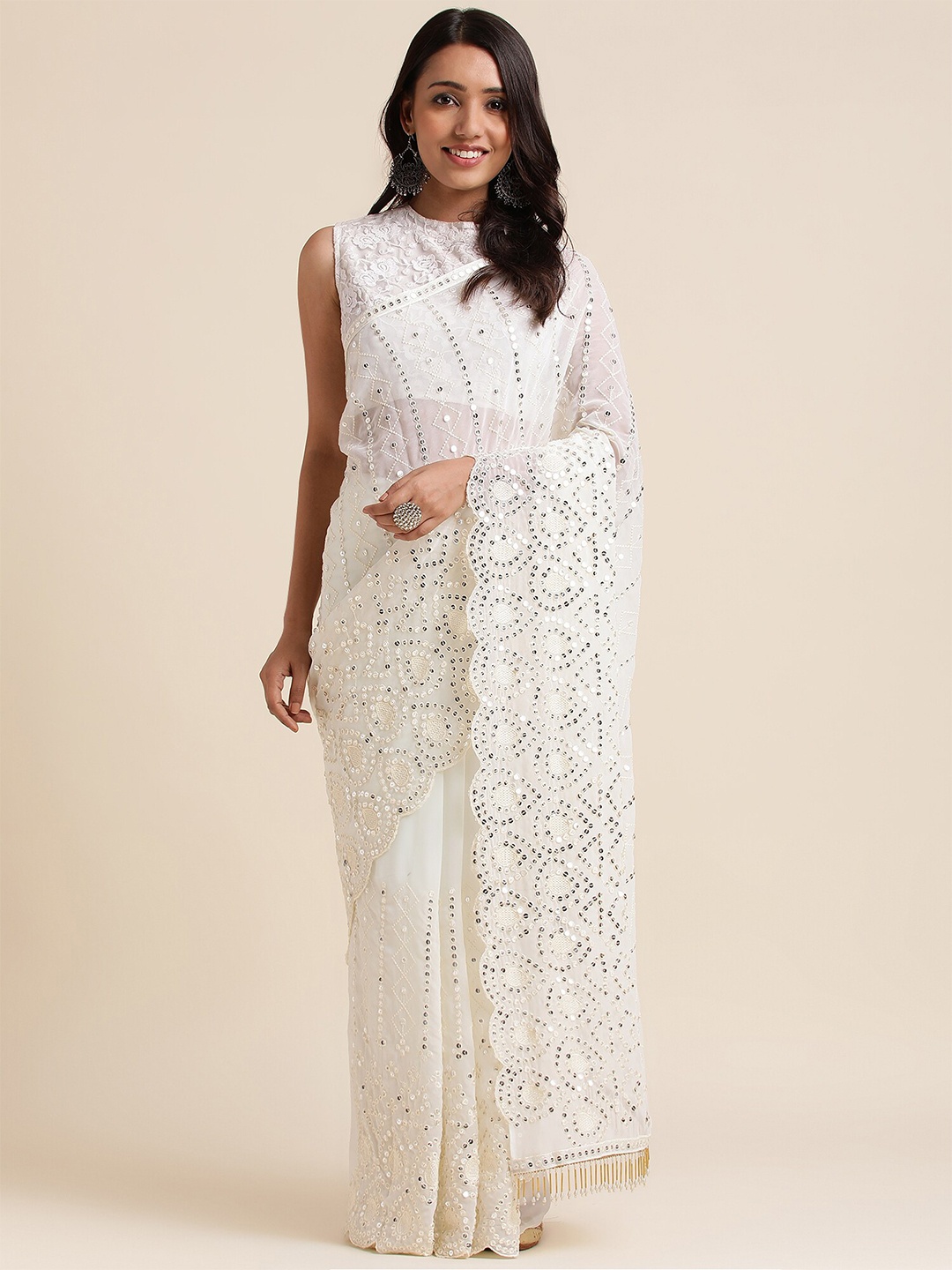 

FABMORA Embroidered Pure Georgette Saree, White