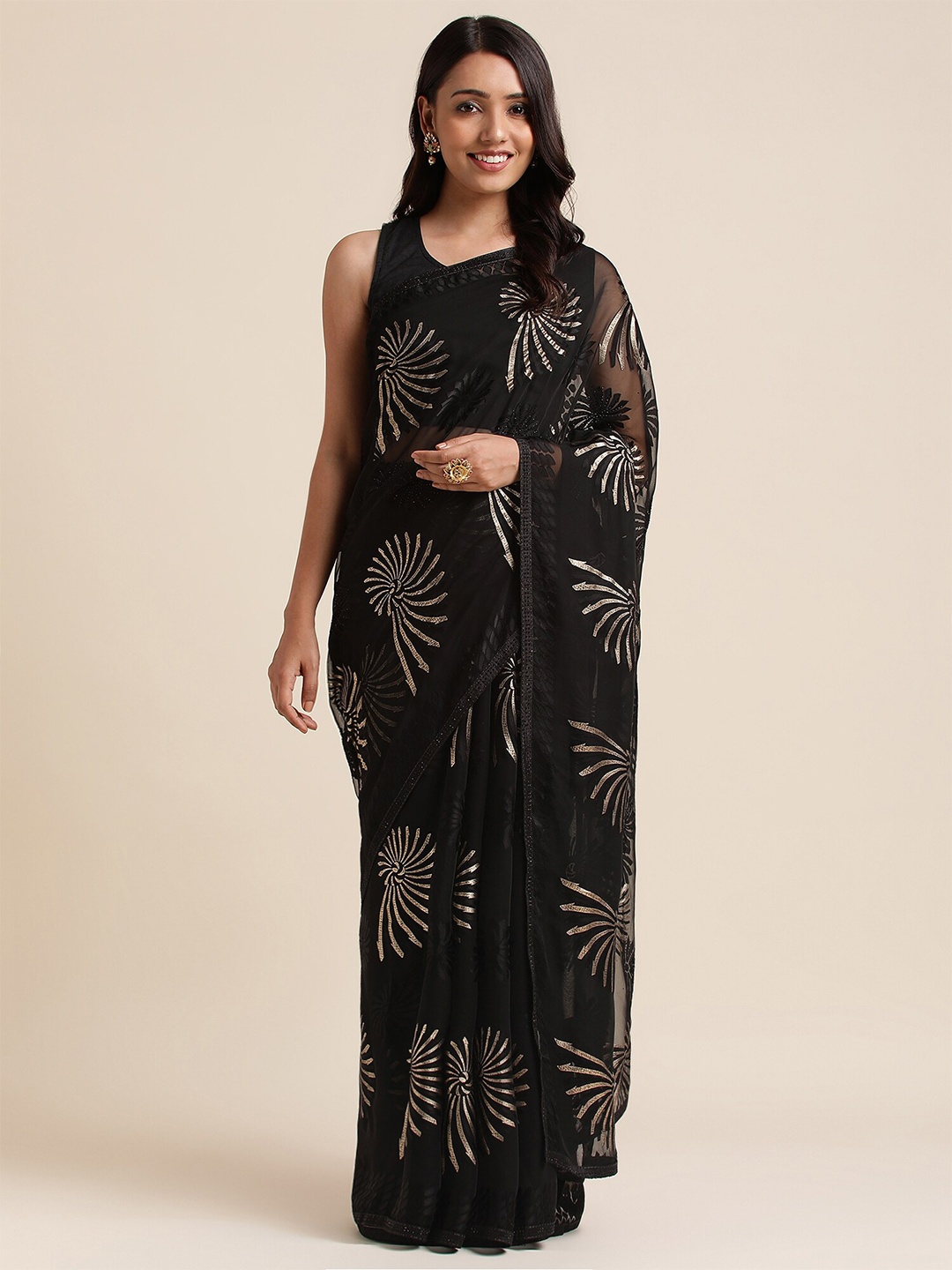 

FABMORA Embellished Mukaish Brasso Saree, Black