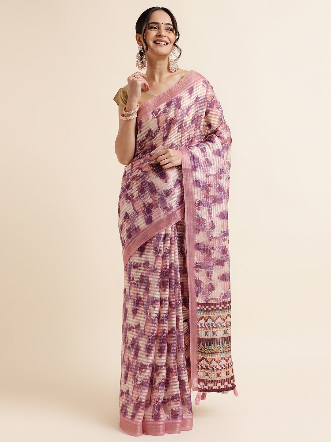 

FABMORA Printed Zari Saree, Lavender