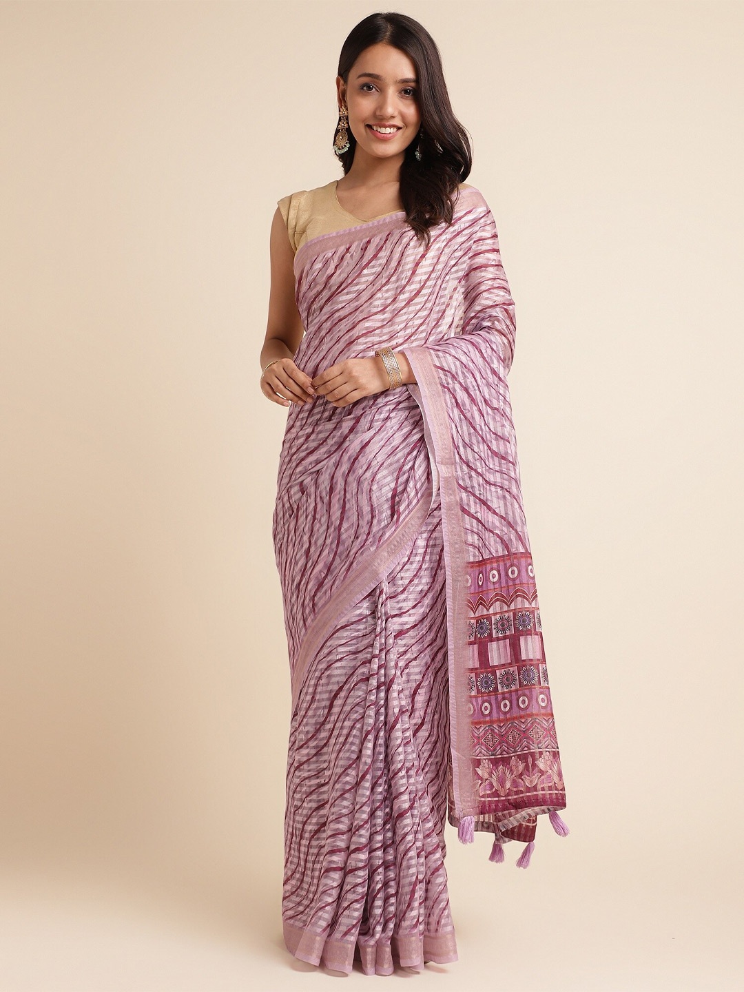 

FABMORA Printed Zari Leheriya Saree, Lavender