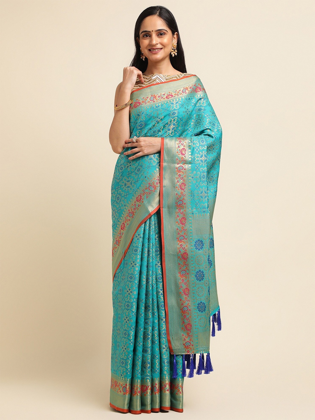 

FABMORA Ethnic Motifs Woven Design Zari Banarasi Saree, Blue