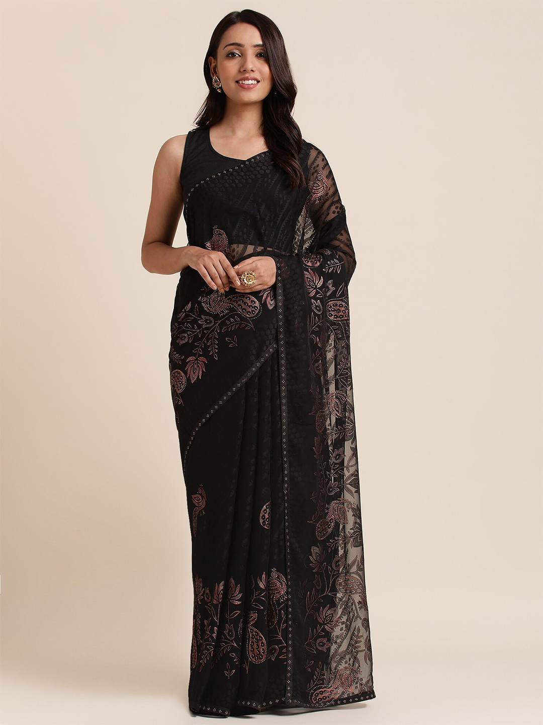 

FABMORA Beads & Stones Embellished Brasso Saree, Black