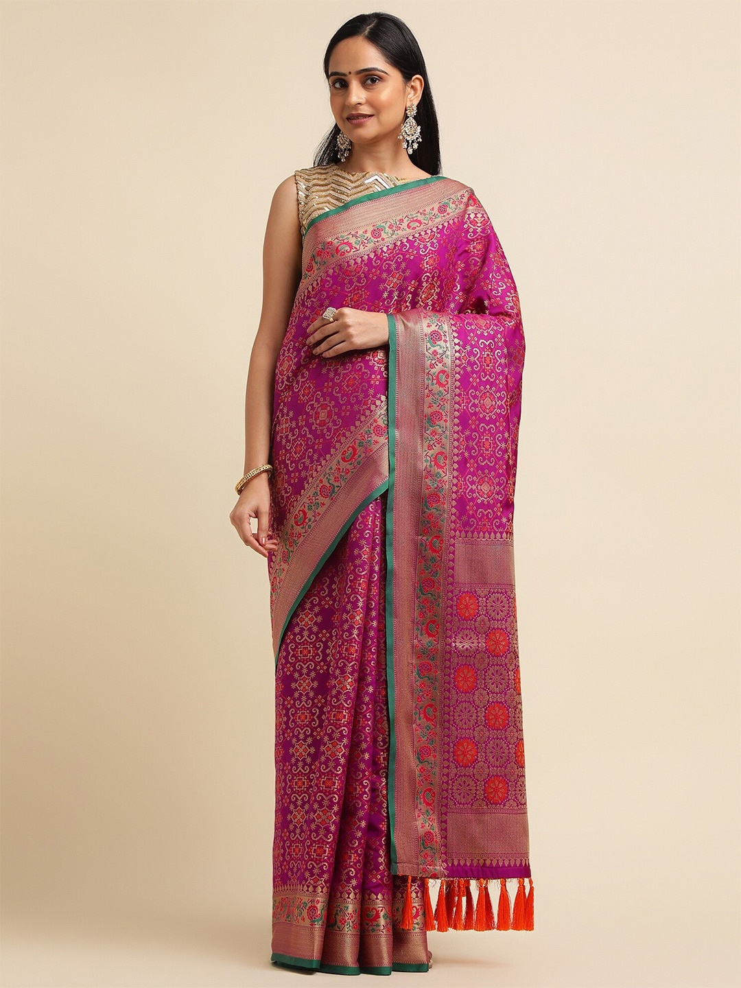 

FABMORA Ethnic Motifs Woven Design Zari Banarasi Saree, Purple