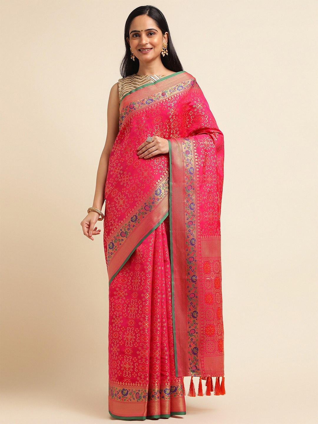 

FABMORA Ethnic Motifs Woven Design Zari Banarasi Saree, Pink