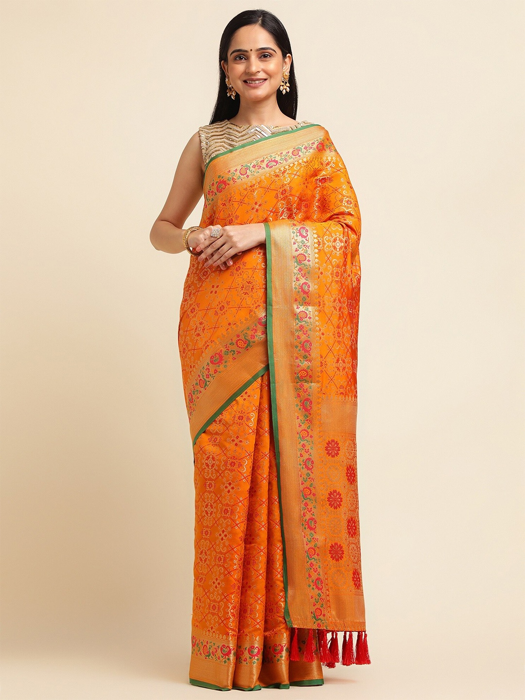 

FABMORA Ethnic Motifs Woven Design Zari Banarasi Saree, Orange