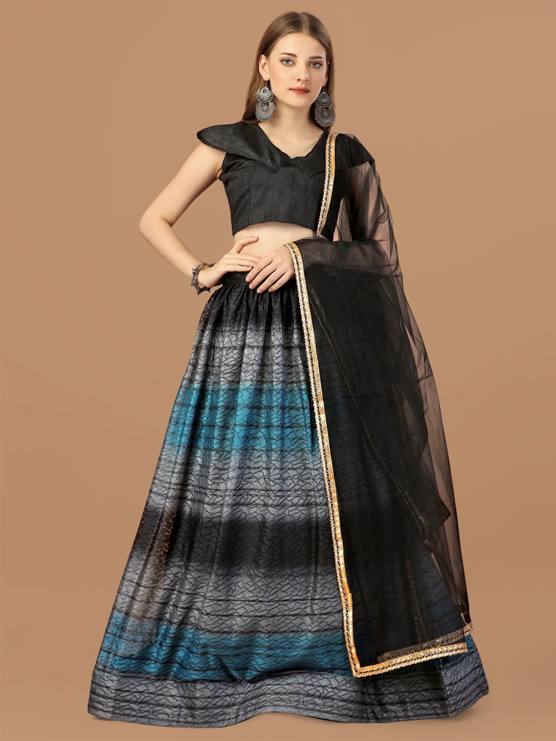 

Amrutam Fab Printed Semi-Stitched Lehenga & Unstitched Blouse With Dupatta, Black