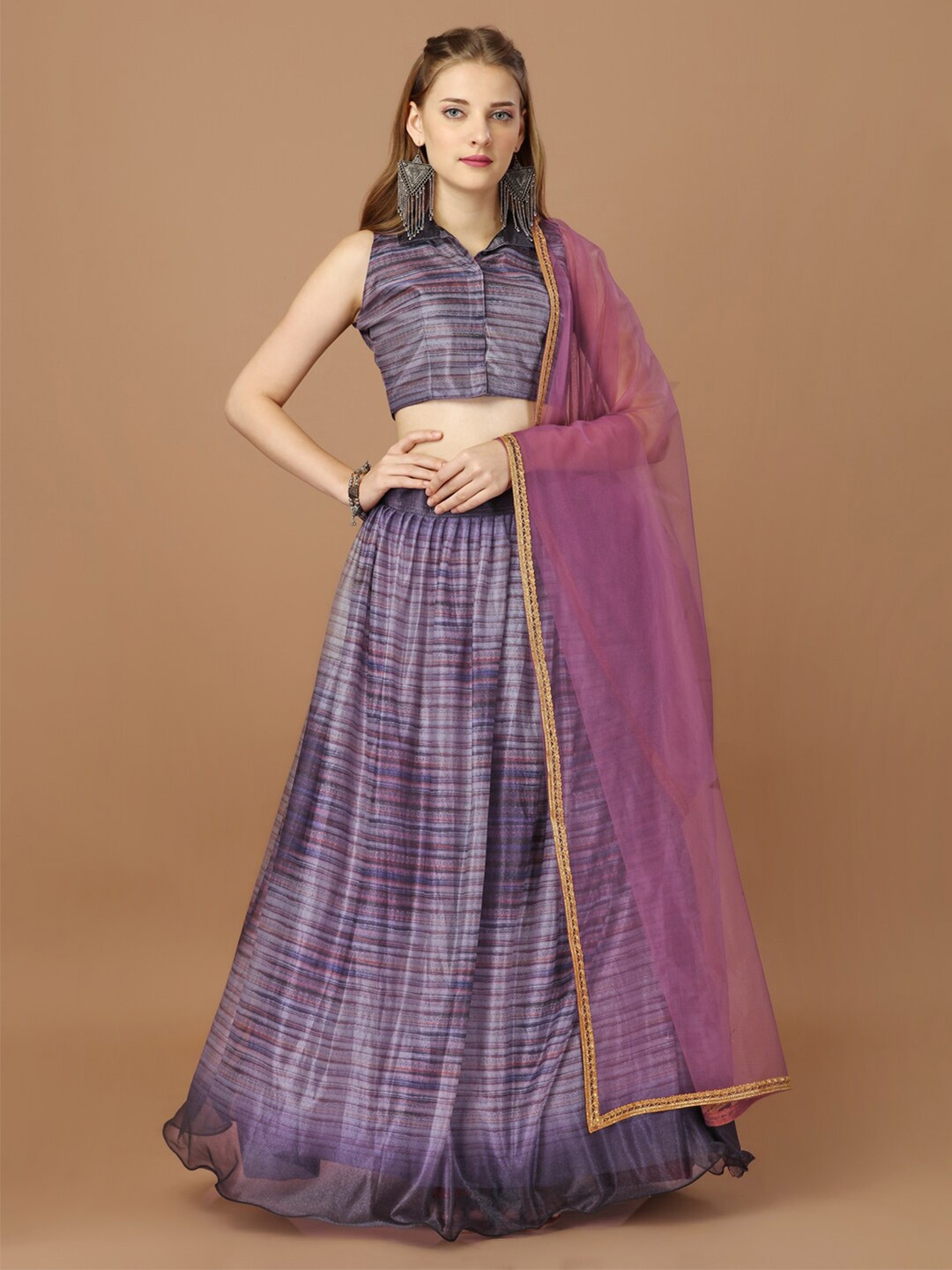 

Amrutam Fab Striped V-Neck Semi-Stitched Lehenga & Unstitched Blouse With Dupatta, Purple