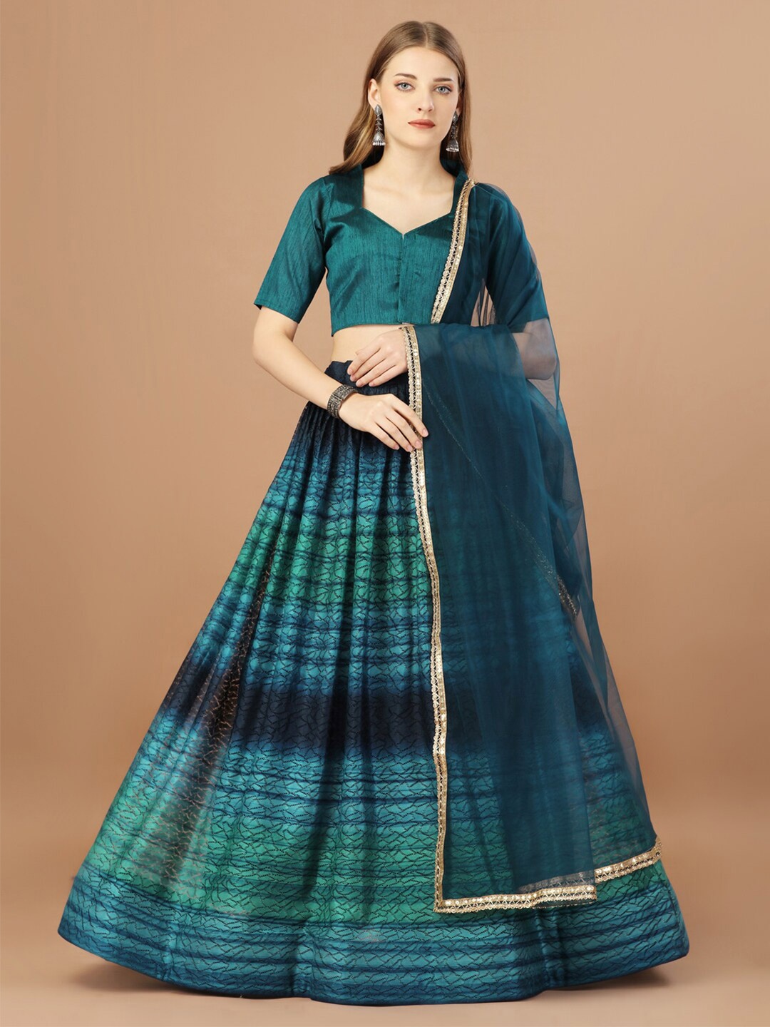 

Amrutam Fab V-Neck Semi-Stitched Lehenga & Unstitched Blouse With Dupatta, Teal