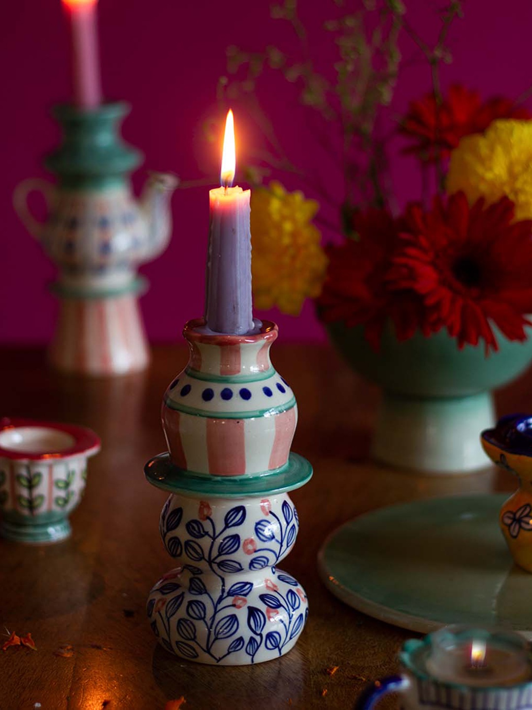 

The Wishing Chair Azure Garden Pink Ceramic Candle Holder, Blue