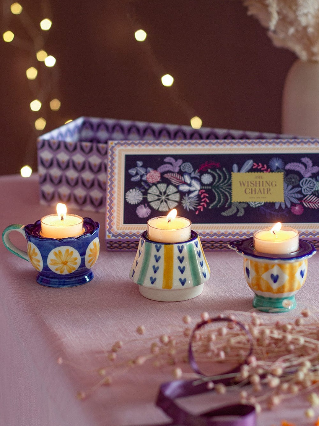 

The Wishing Chair Jasmine Mist Blue 3-Pieces Printed Ceramic Tealight Holders