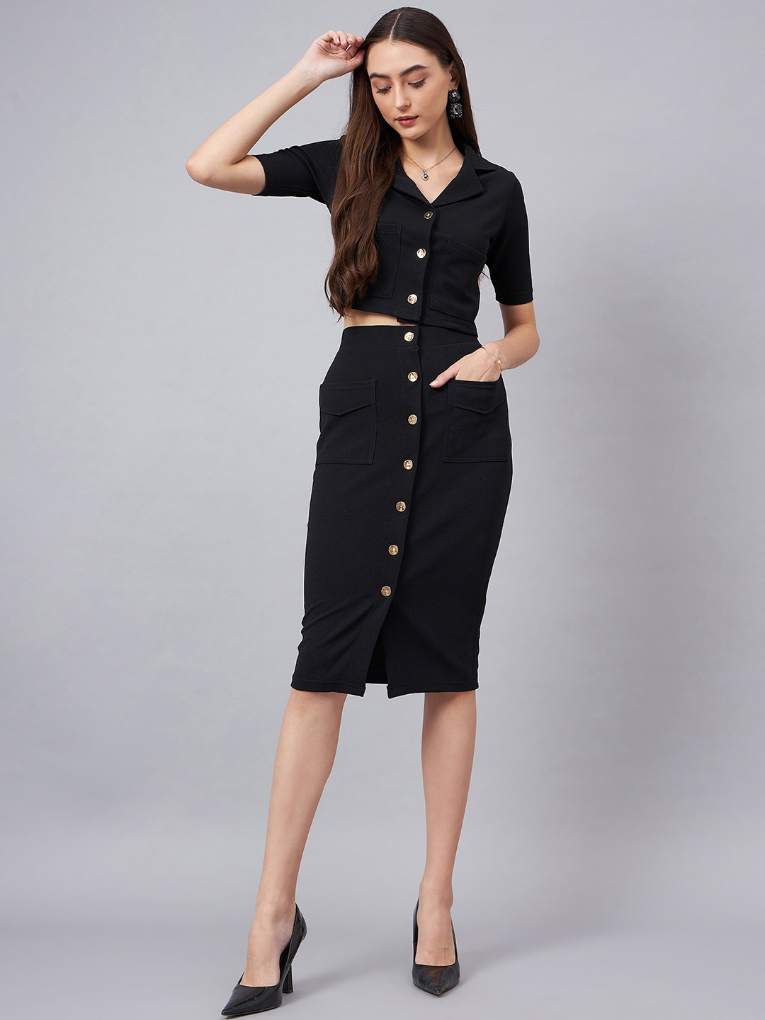 

Chemistry Crop Top With With Button Detail Skirt, Black