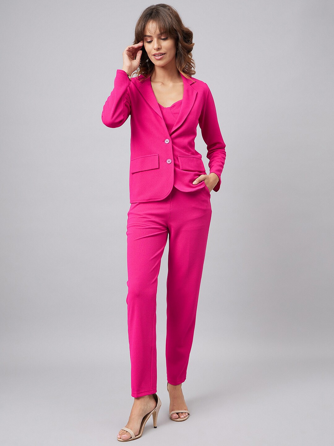 

Chemistry Sweetheart Neck Top & Notched Lapel-Collar Blazer With Trousers, Fuchsia