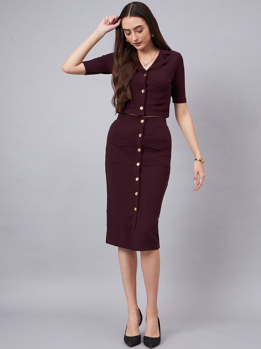 

Chemistry Crop Blazer With Button Detail Skirt, Burgundy