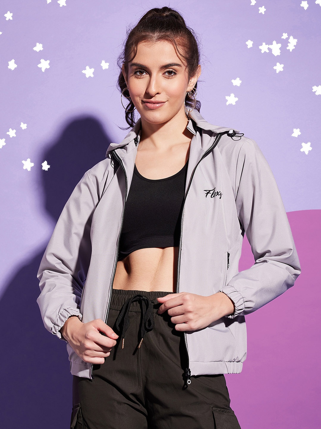 

BUY NEW TREND Women Grey Colourblocked Windcheater Crop Outdoor Sporty Jacket with Embroidered