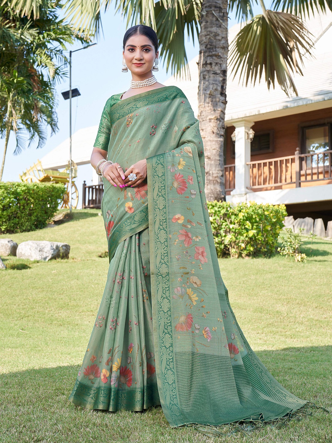 

Mitera Green Floral Printed Zari Silk Cotton Banarasi Saree