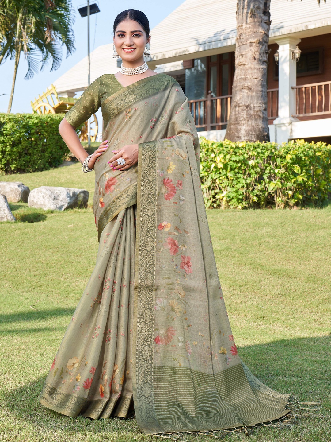 Mitera Sea Green & Red Floral Digital Printed Zari Silk Cotton Saree