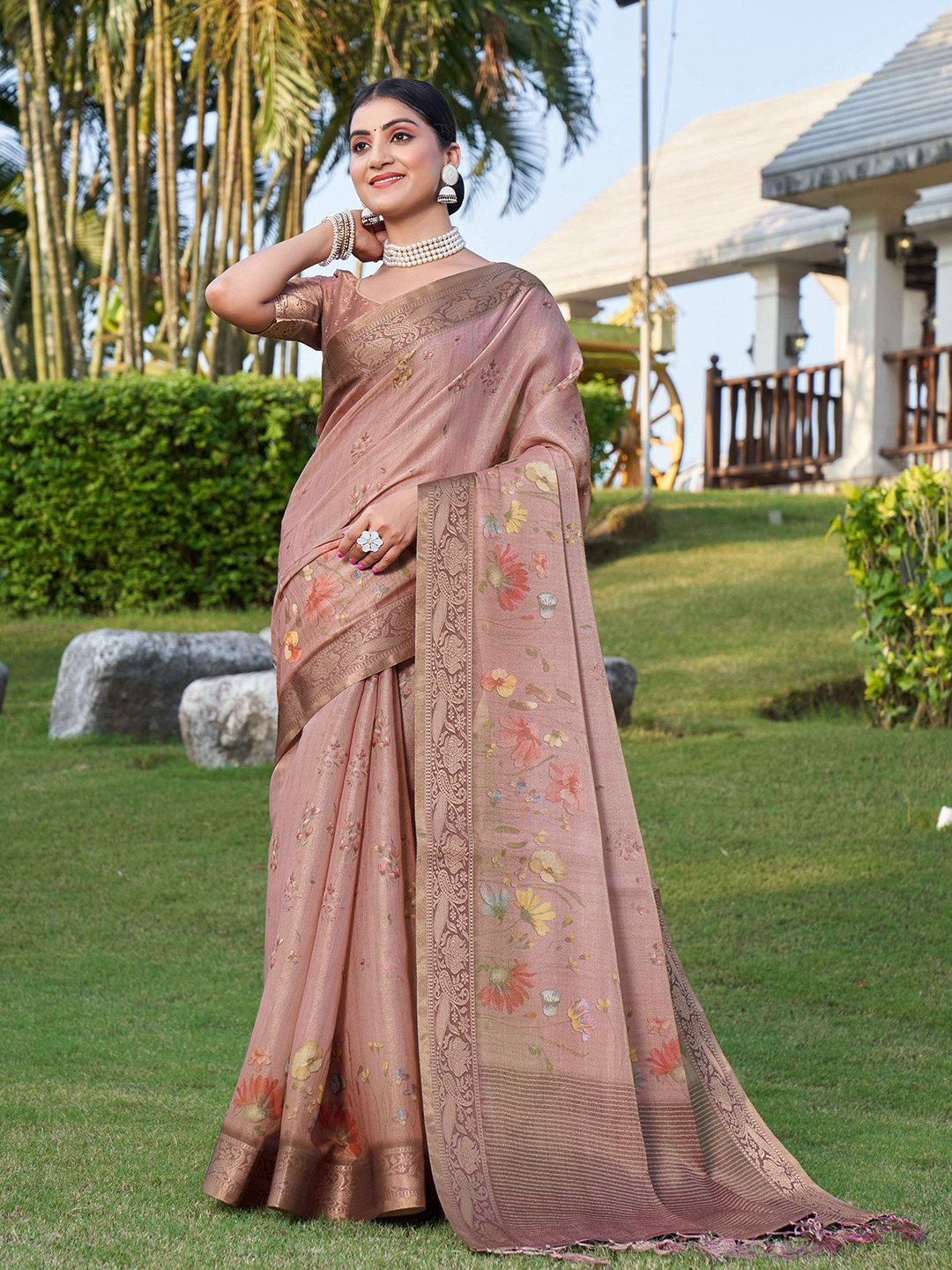 

Mitera Peach-Coloured & Green Floral Printed Zari Silk Cotton Banarasi Saree