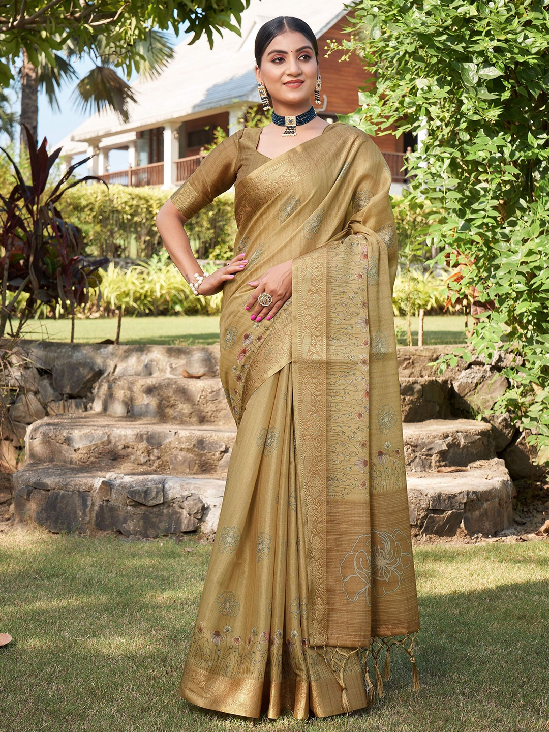 

Mitera Mustard Yellow & Gold Toned Digital Printed Zari Silk Cotton Banarasi Saree