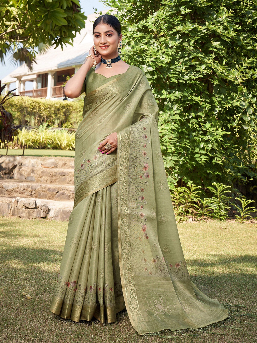 Mitera Sea Green & Red Floral Digital Printed Zari Silk Cotton Saree