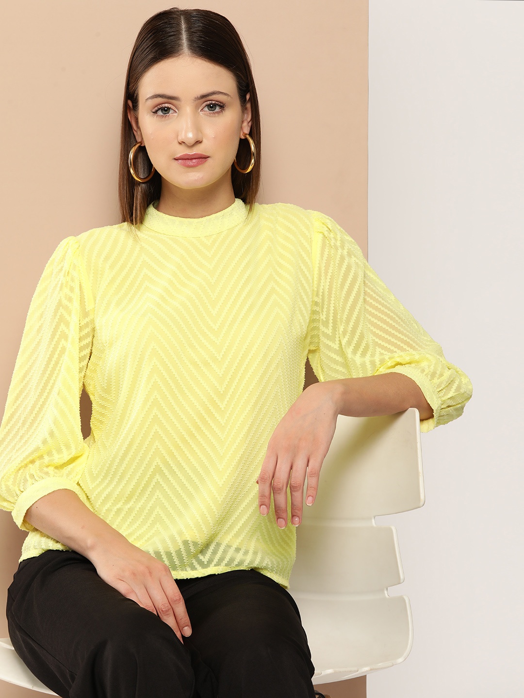 

Chemistry Geometric Mandarin Collar Puff Sleeves Georgette Top, Yellow