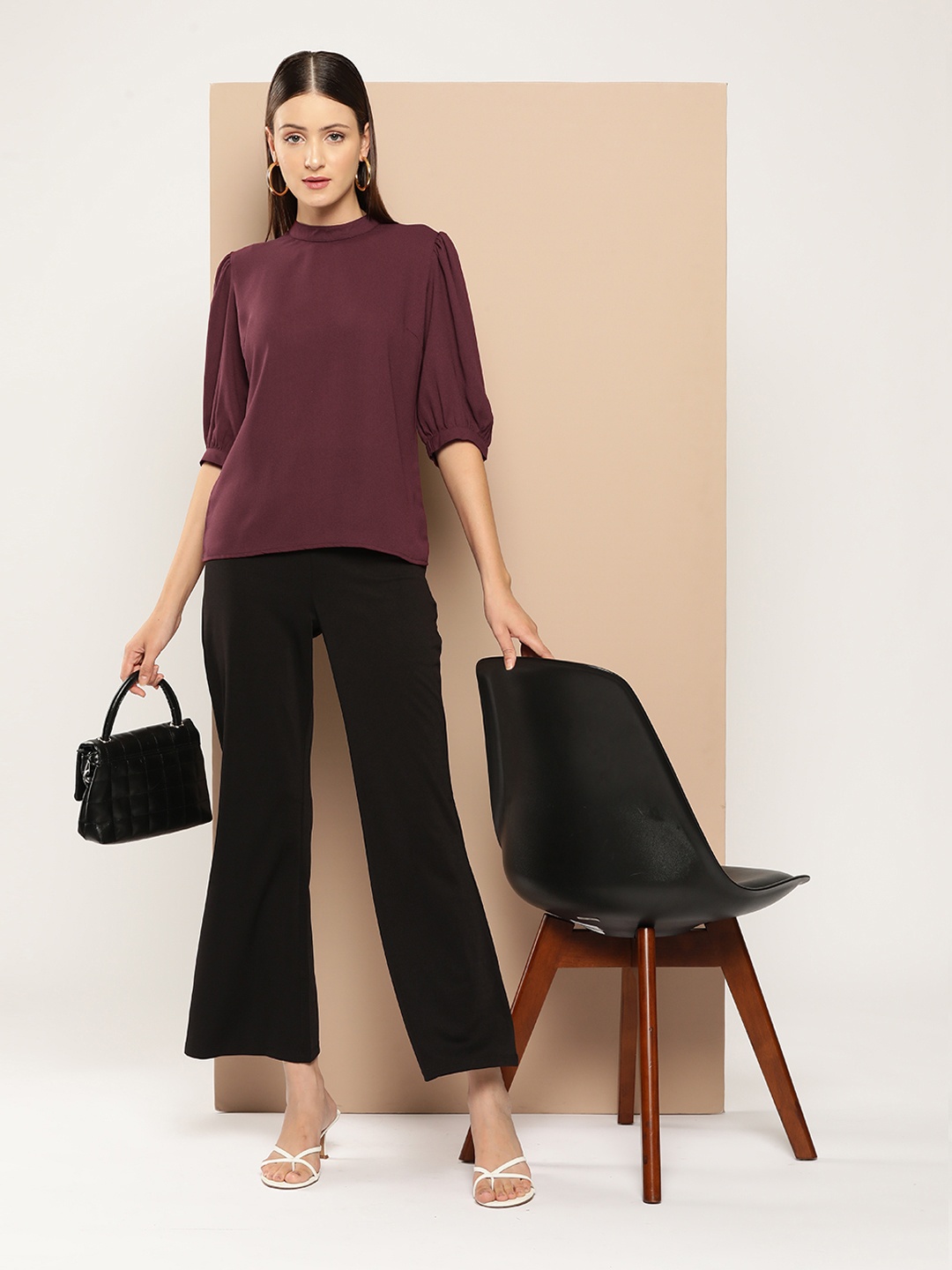 

Chemistry Mandarin Collar Puff Sleeves Crepe Top, Burgundy