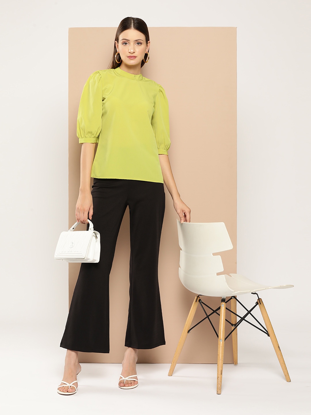 

Chemistry Mandarin Collar Puff Sleeves Crepe Top, Fluorescent green