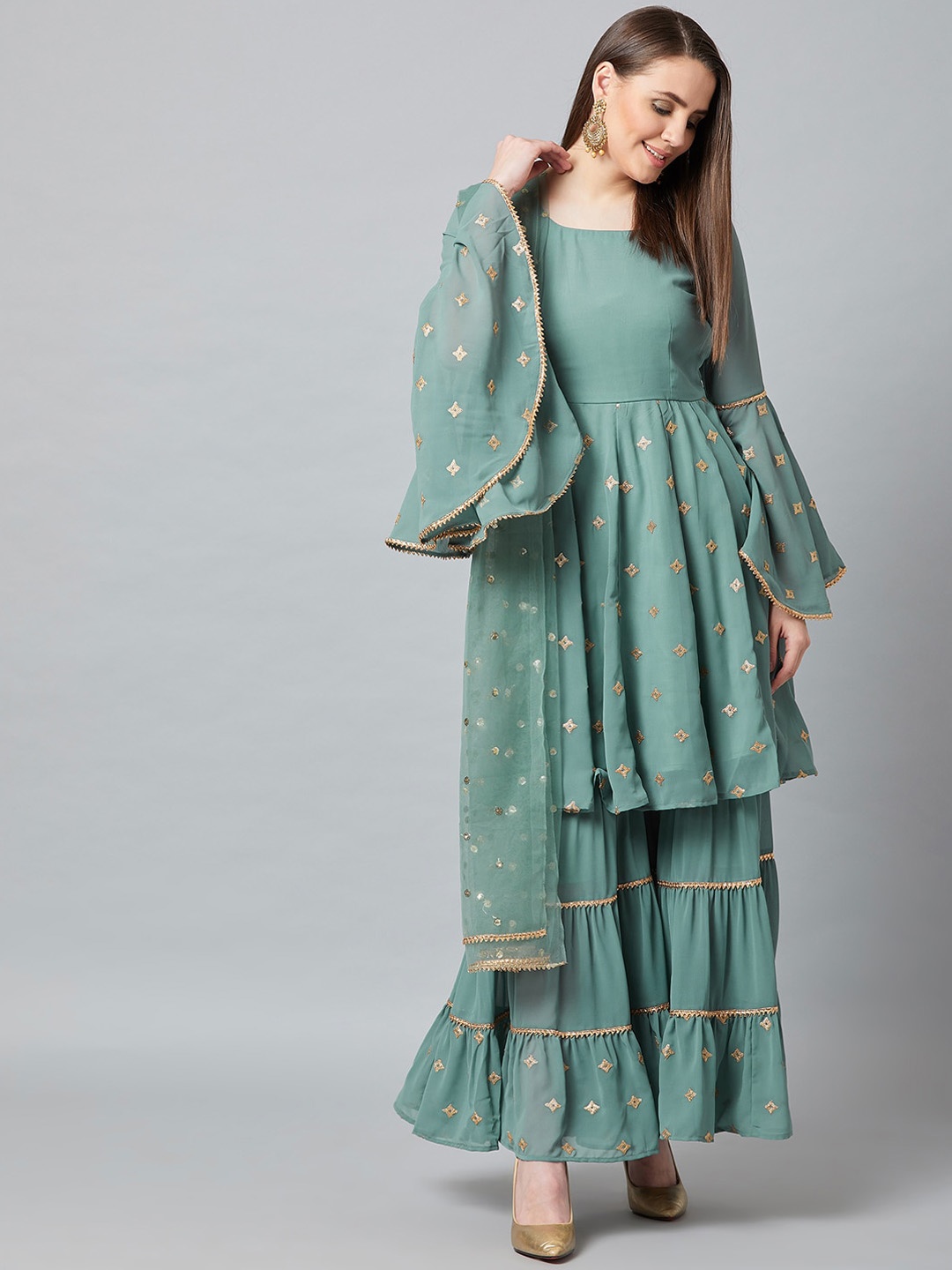 

PANIT Ethnic Motifs Embroidered Gotta Patti Georgette A-Line Kurta With Sharara & Dupatta, Sea green
