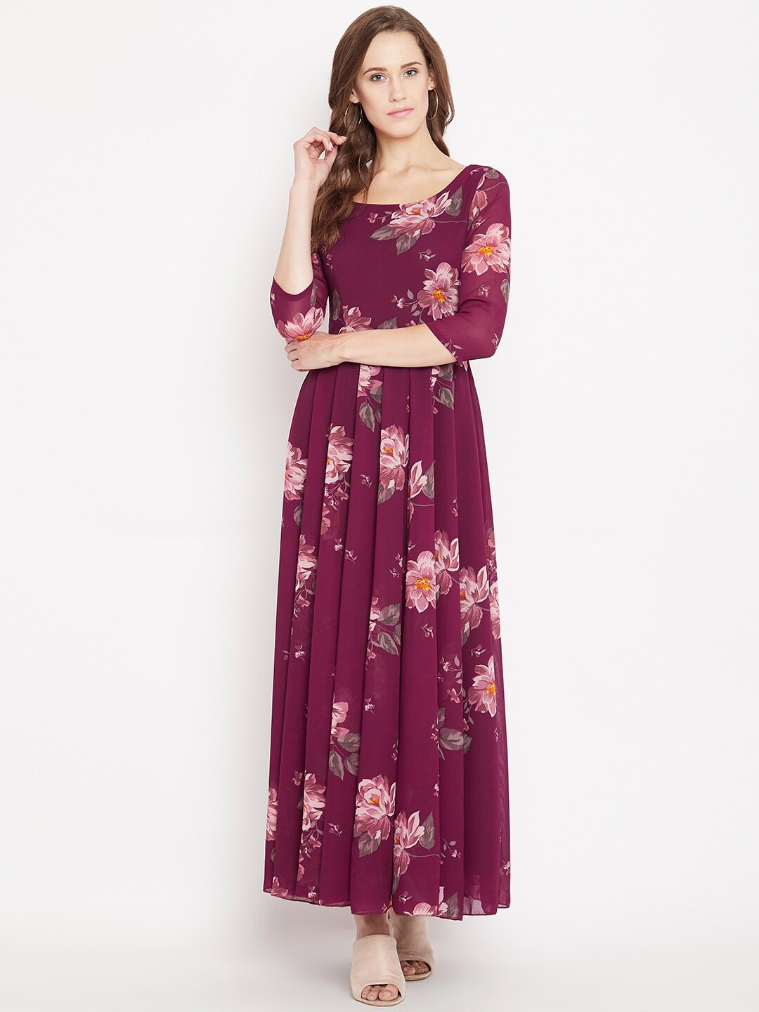 

PANIT Floral Printed Georgette Fit & Flared Maxi Ethnic Dress, Maroon