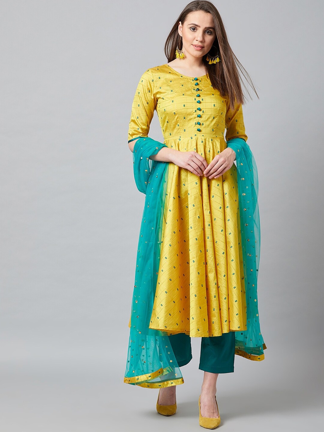 

PANIT Ethnic Motifs Woven Design Sequinned Anarkali Kurta With Trousers & Dupatta, Yellow