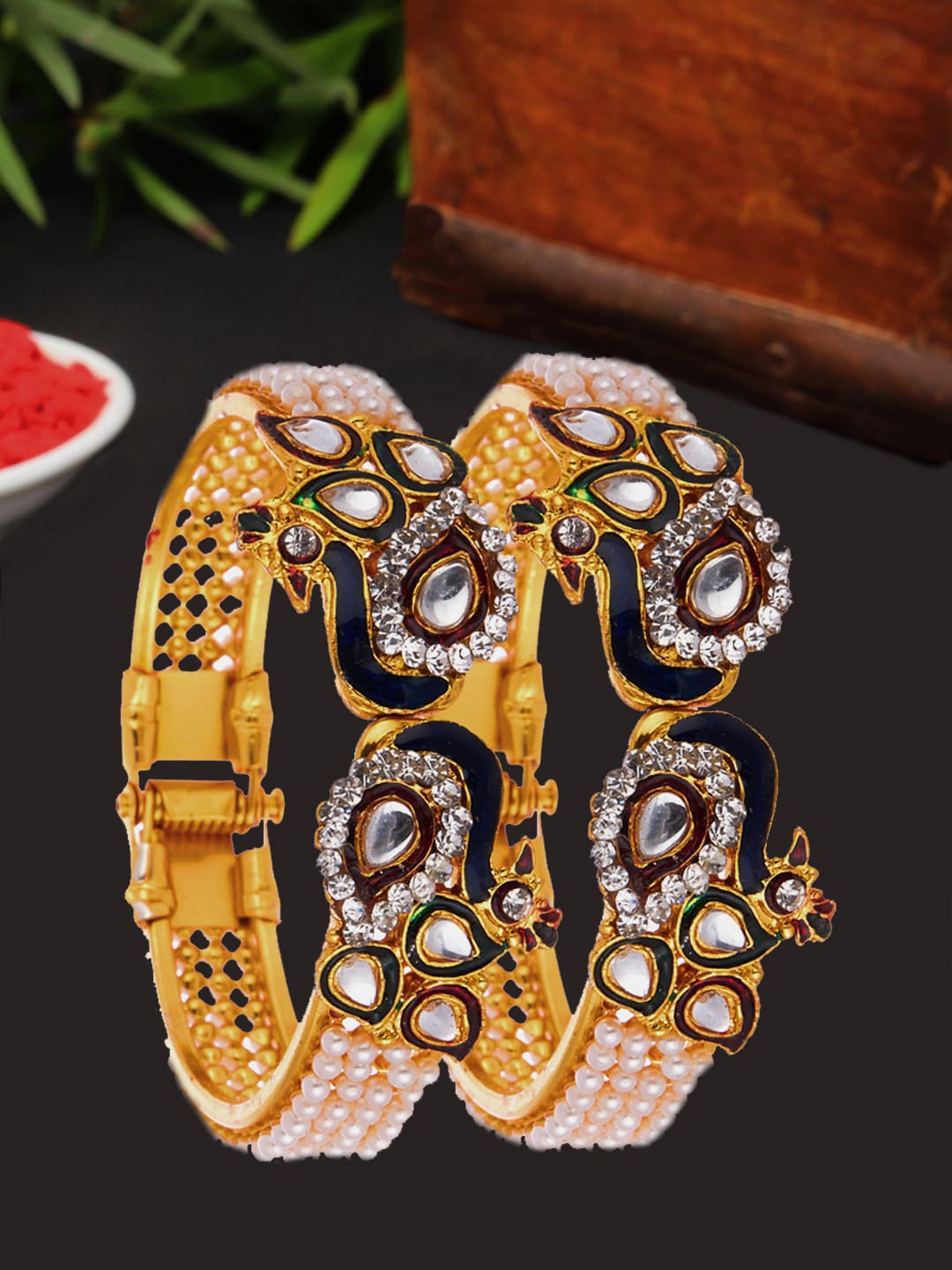 

ZENEME Set Of 2 Gold-Plated Austrian Diamond-Studded Bangles