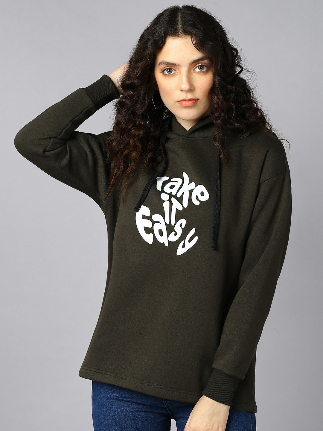 The Roadster Lifestyle Co. Black Typography Printed Hooded Pullover, Olive
