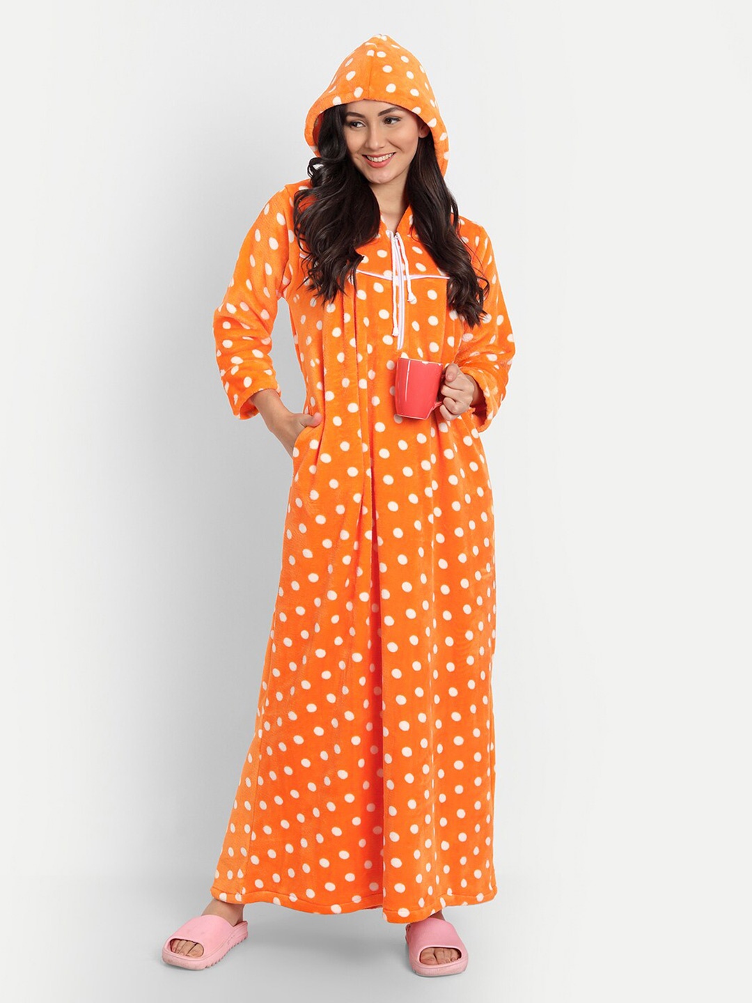 

PALIVAL Polka Dots Printed Hooded Maxi Nightdress, Orange