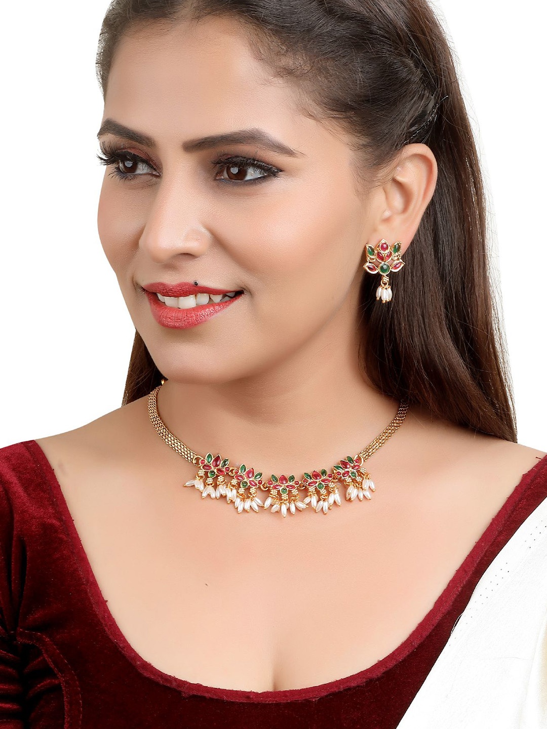 

GRIIHAM Gold-Plated American Diamond-Studded & Beaded Jewellery Set