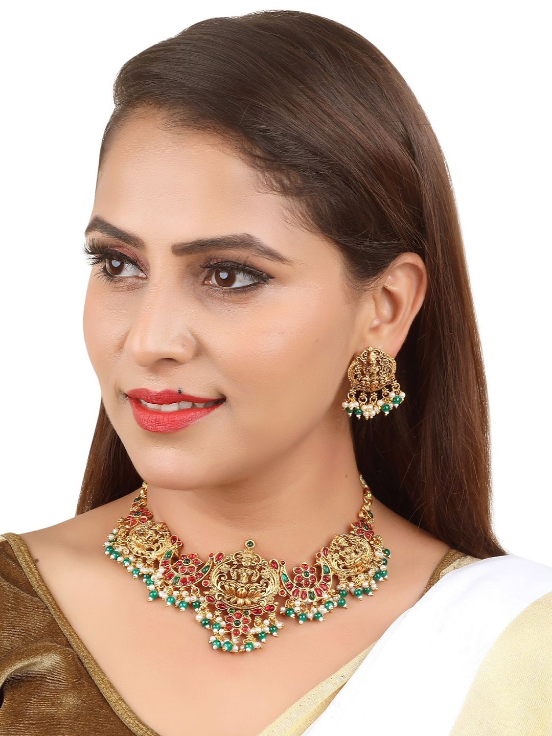 

GRIIHAM Gold-Plated AD-Studded & Beaded Jewellery Set