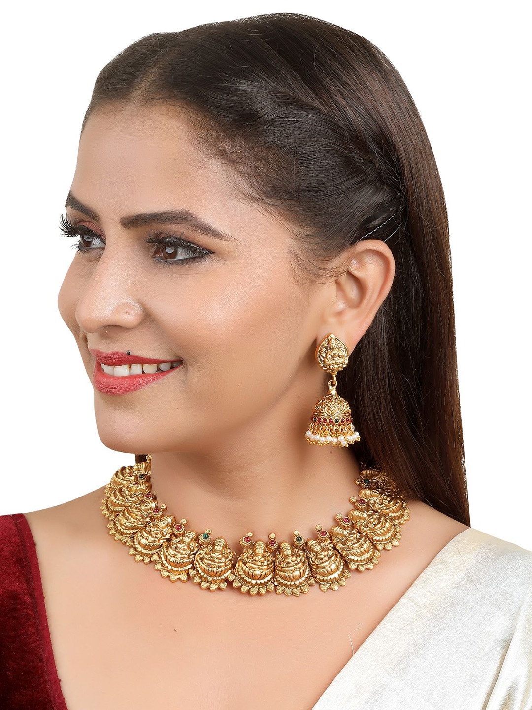 

GRIIHAM Gold-Plated American Diamond Studded & Pearls Beaded Antique Jewellery Set