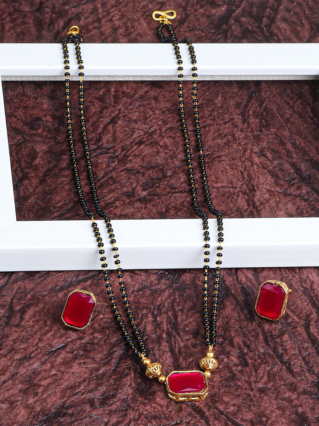 

GRIIHAM Gold-Plated Artificial Stones & Beads Studded Mangalsutra, Red