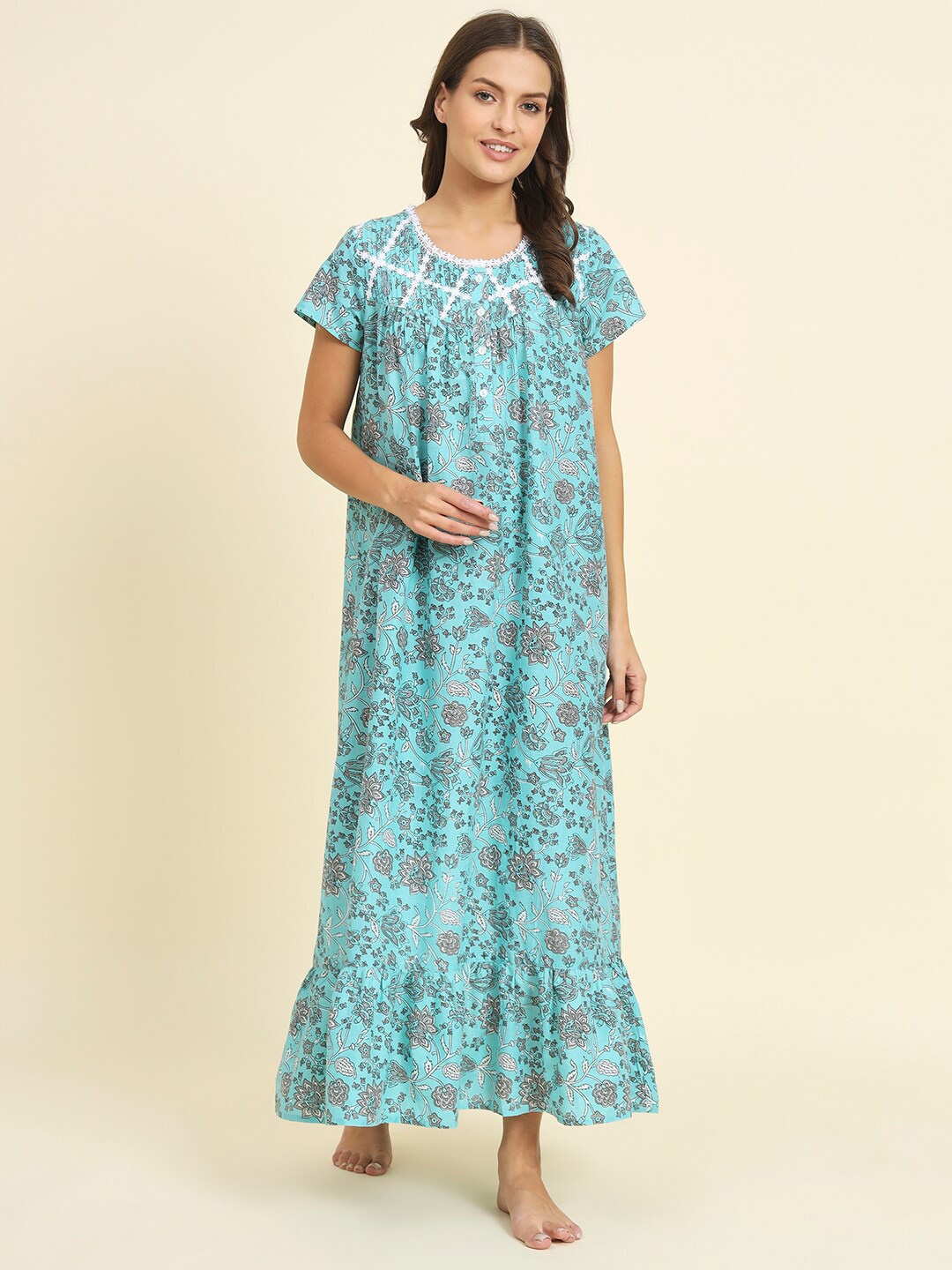 

HERE&NOW Floral Printed Pure Cotton Maxi Nightdress, Turquoise blue