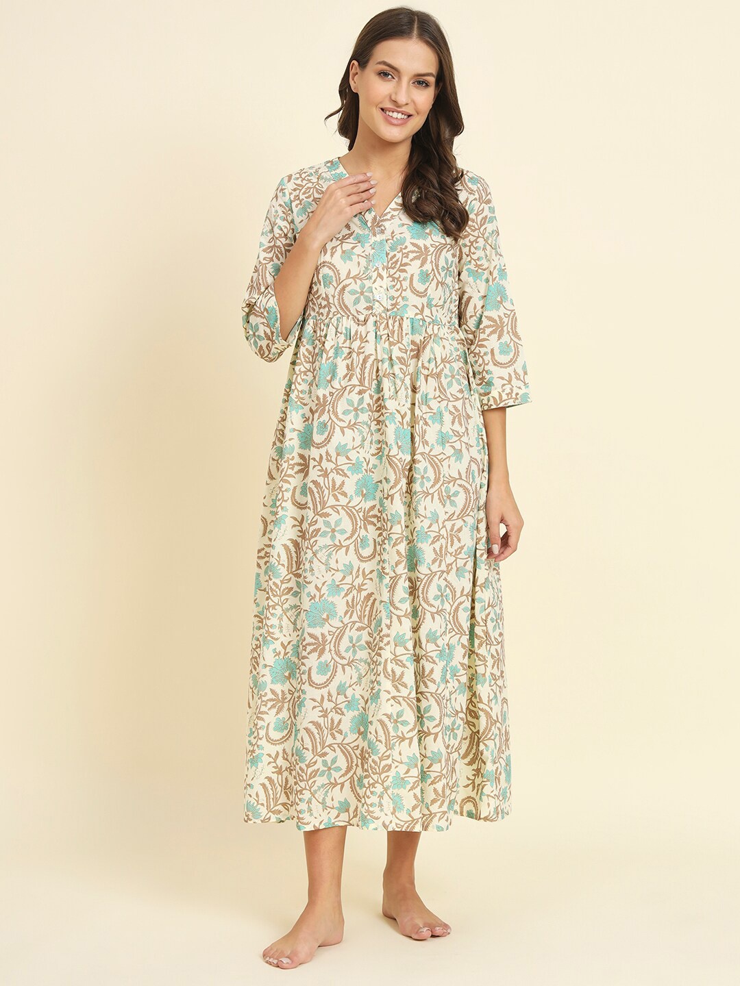 

HERE&NOW White Floral Printed Pure Cotton Midi Everyday Nightdress