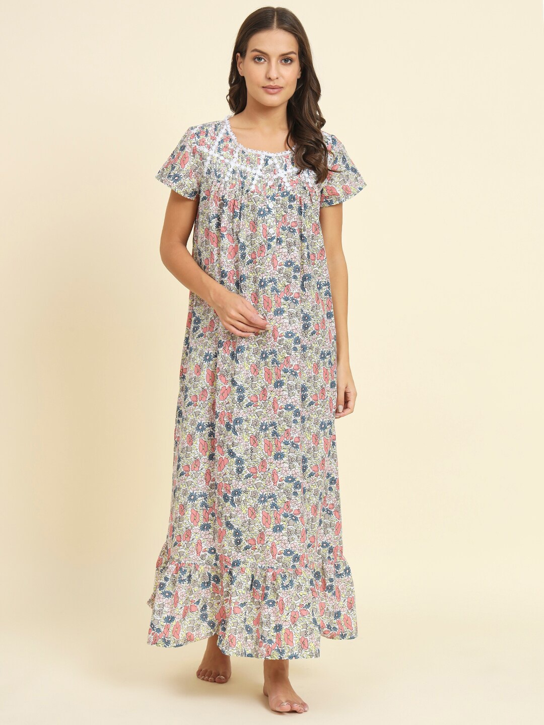 

HERE&NOW Floral Printed Pure Cotton Maxi Nightdress, White