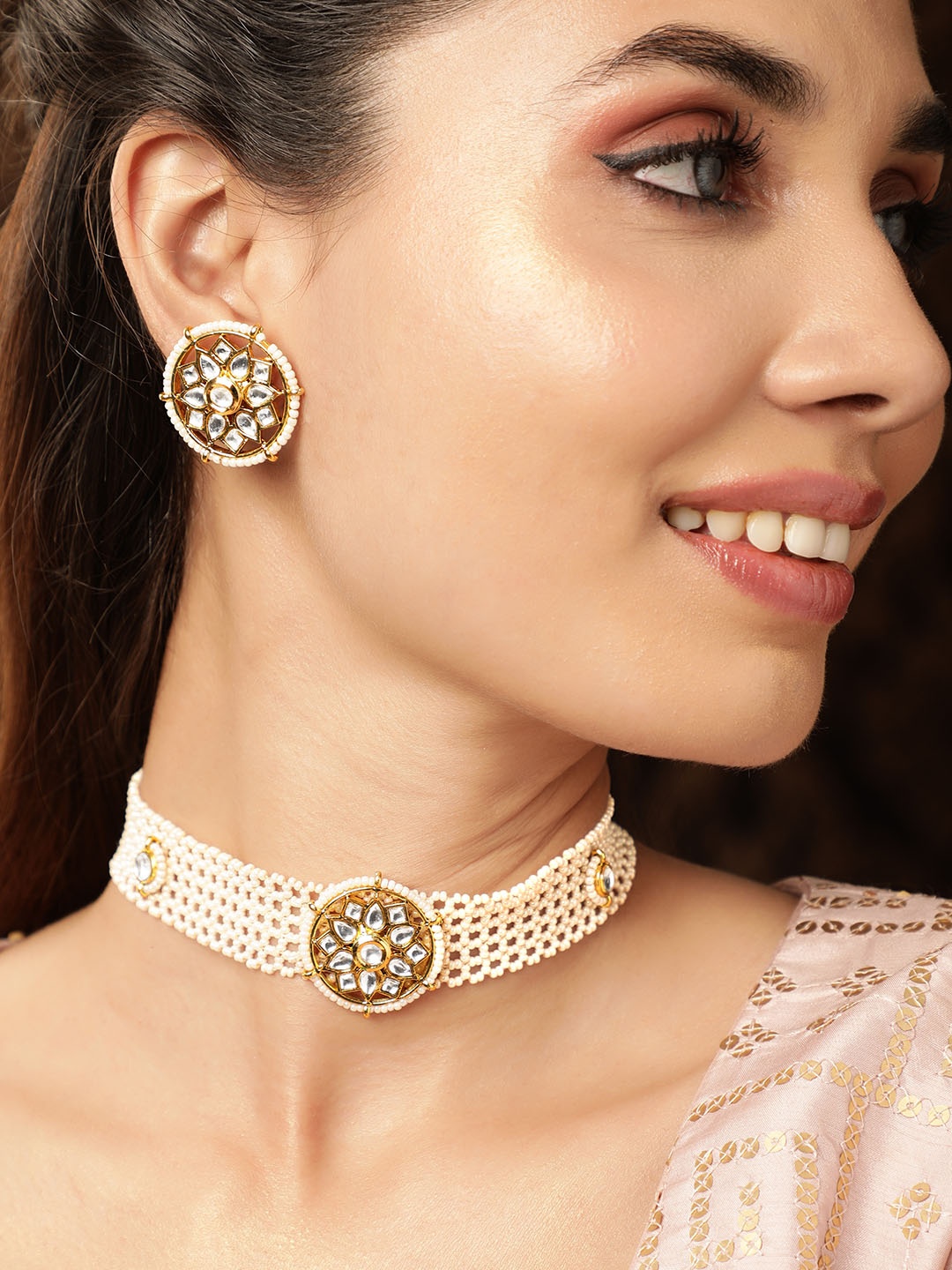 

Rubans 22K Gold-Plated Kundan Stone Studded with Pearl beaded Choker Set