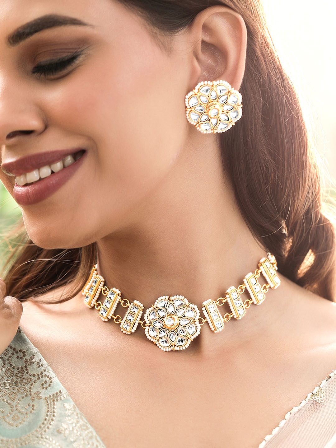 

Rubans 22K Gold Plated Kundan and Pearl beaded Choker jewelry Set