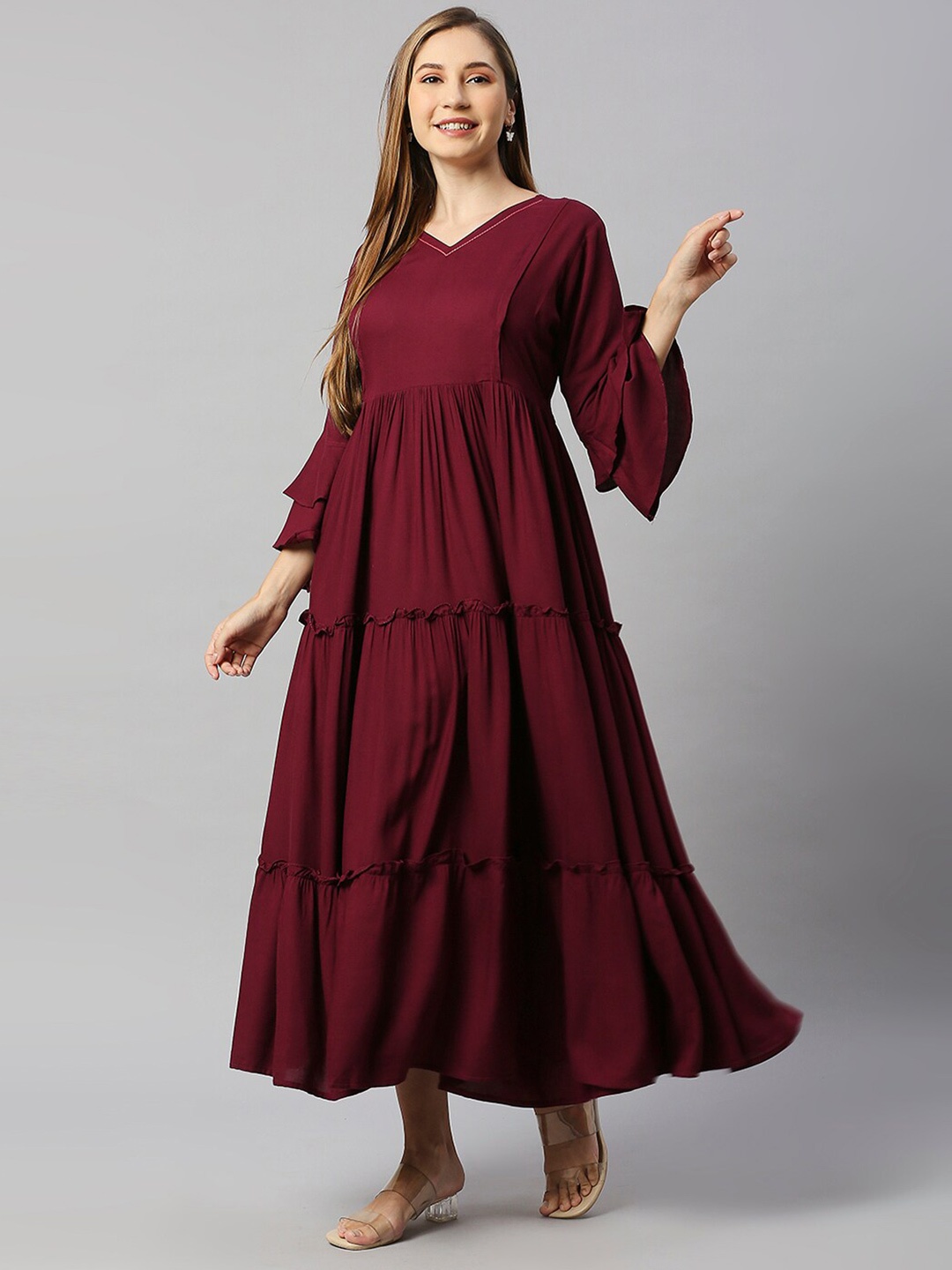 

Aanyor Maroon Bell Sleeve Maternity Maxi Dress