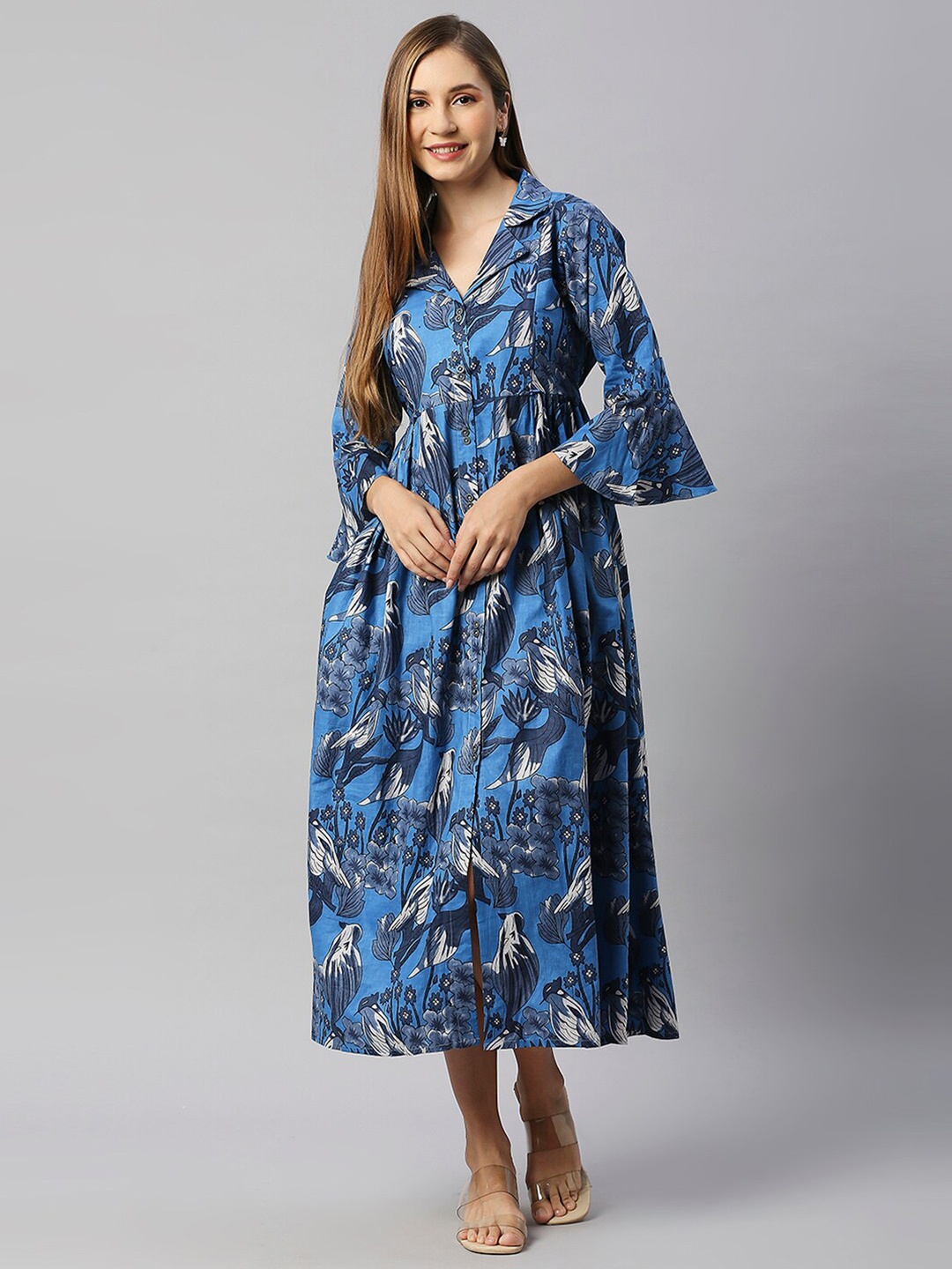 

Aanyor Blue Floral Print Bell Sleeve Maternity A-Line Midi Dress