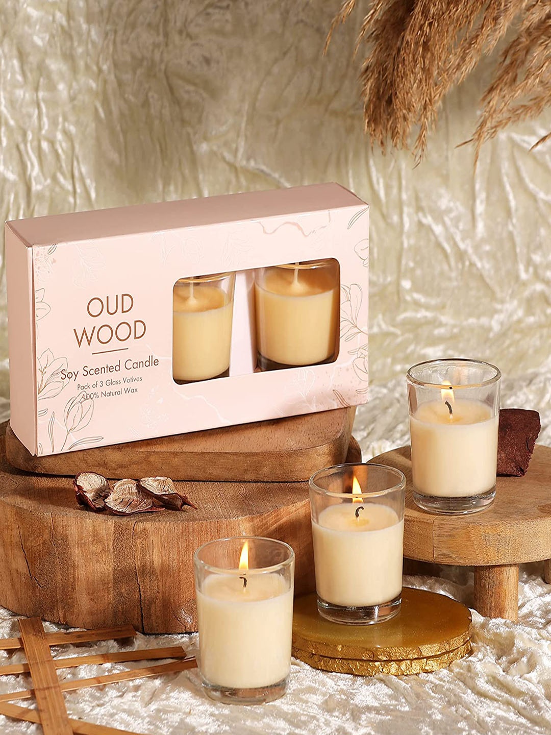 

Parkash Candles 3 Pcs Beige Oud Wood Scented Votive Jar Candles