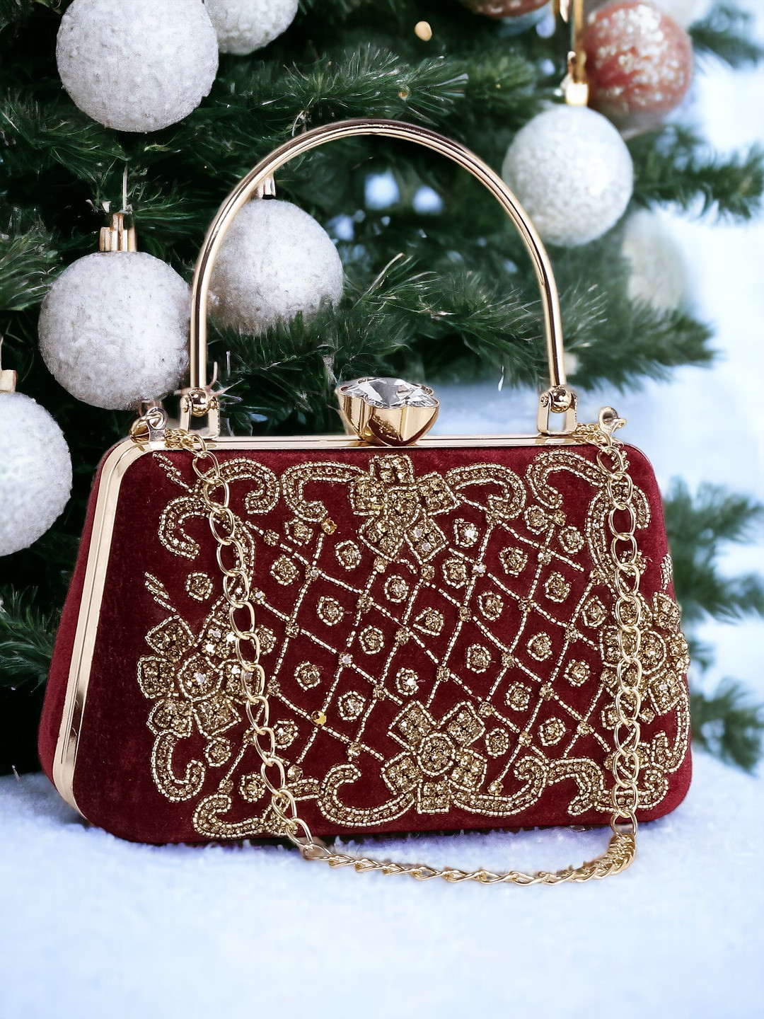 

Exotic Maroon Ethnic Motifs Embellished Suede Oversized Bucket Satchel with Applique