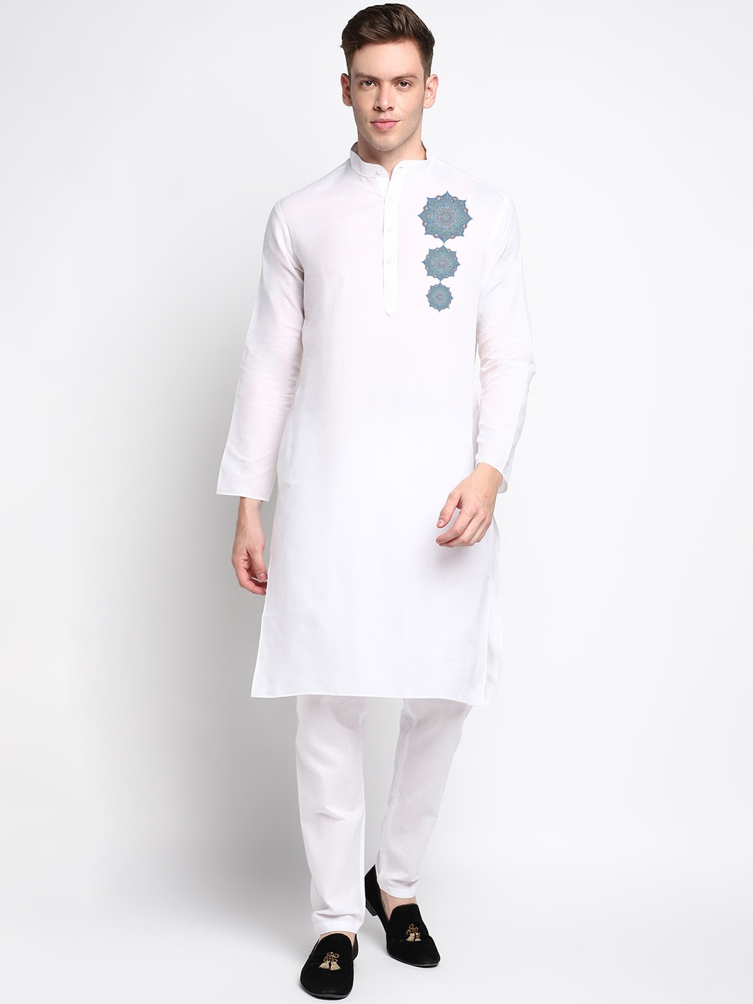 

DEVOILER Men White Thread Work Block Print Kurta